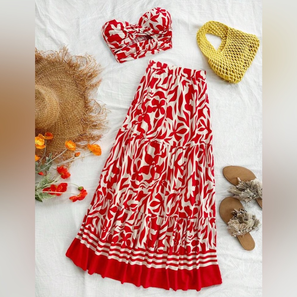 Floral Red and White maxi Skirt tube top cut out outfit set M (4/6) - Picture 2 of 5
